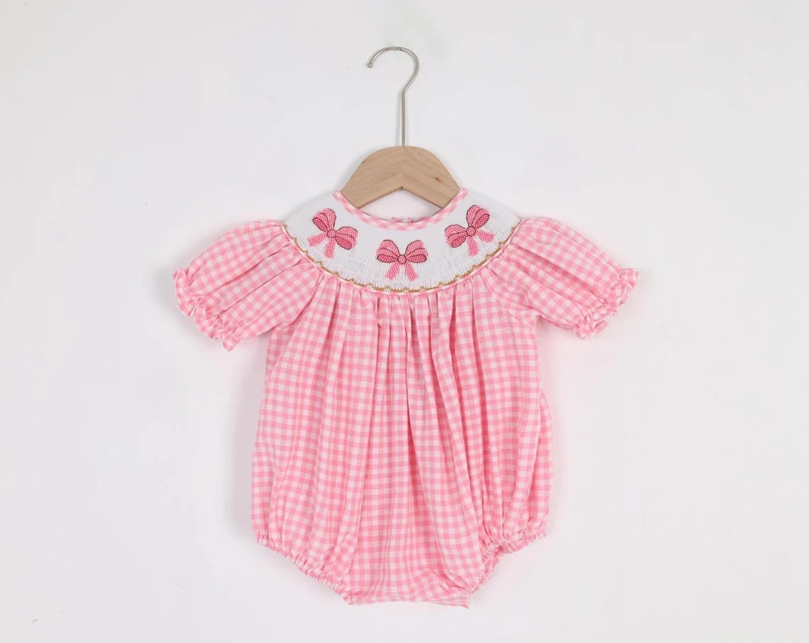 SR2325 Pink plaid short-sleeved bodysuit with bow pattern