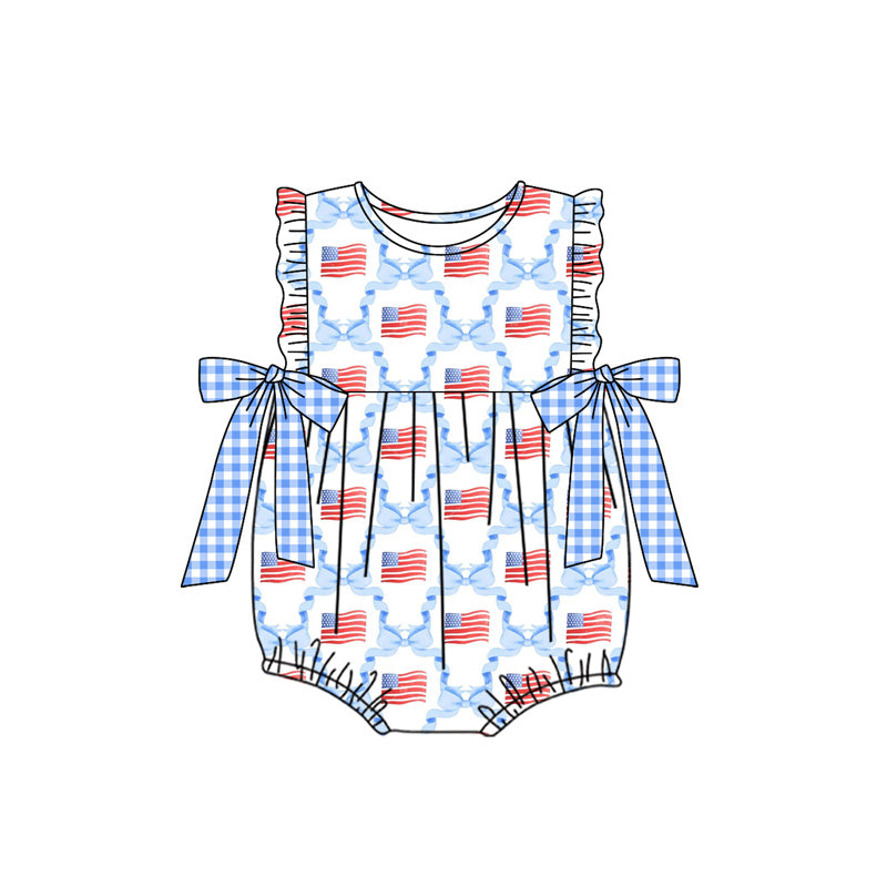 SR2353 National Day Flag Blue Plaid Bowknot Pattern Vest Bodysuit D 4.24
