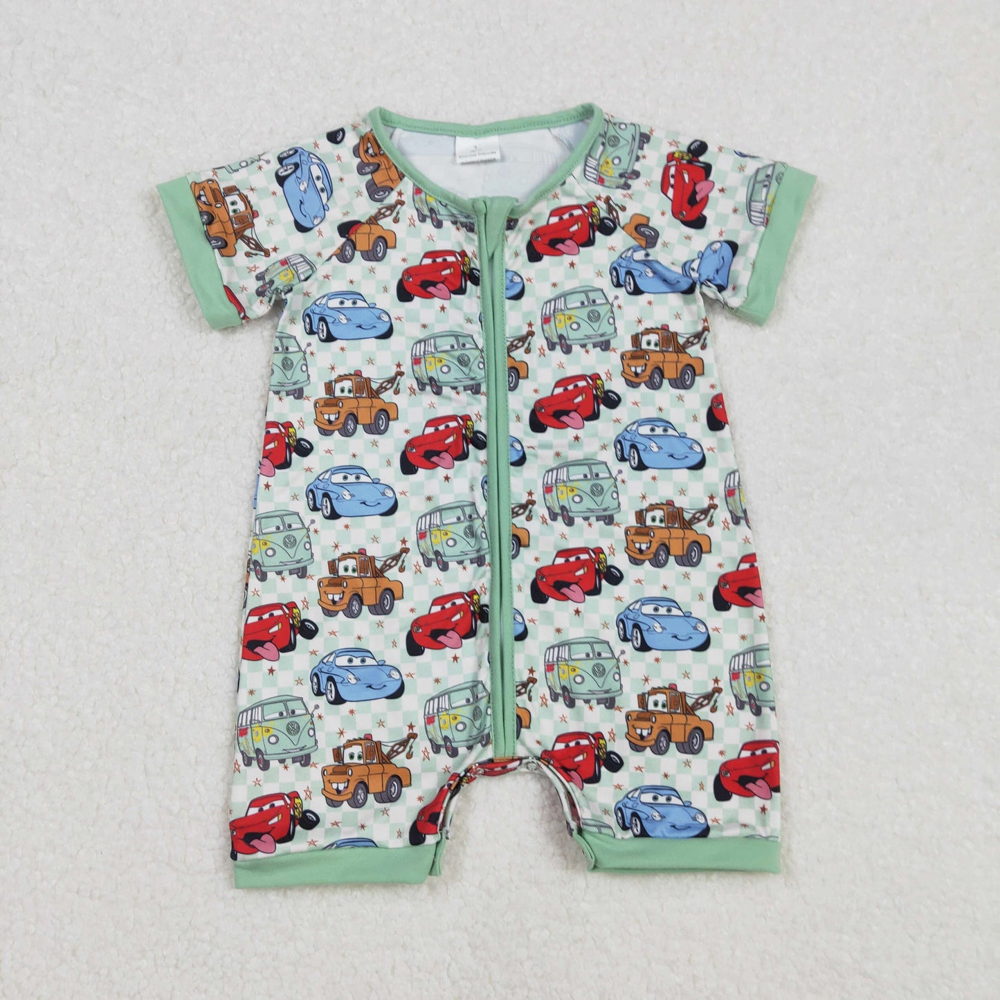 SR2373 cars Green Plaid Zip-Up Short Sleeve Bodysuit D 3.1