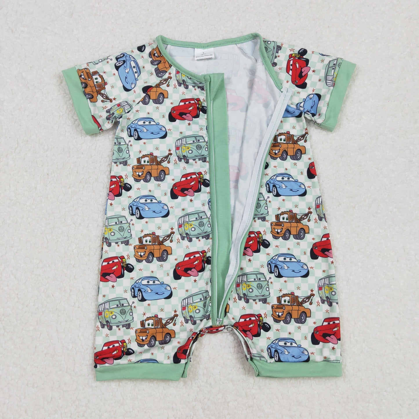 SR2373 cars Green Plaid Zip-Up Short Sleeve Bodysuit D 3.1