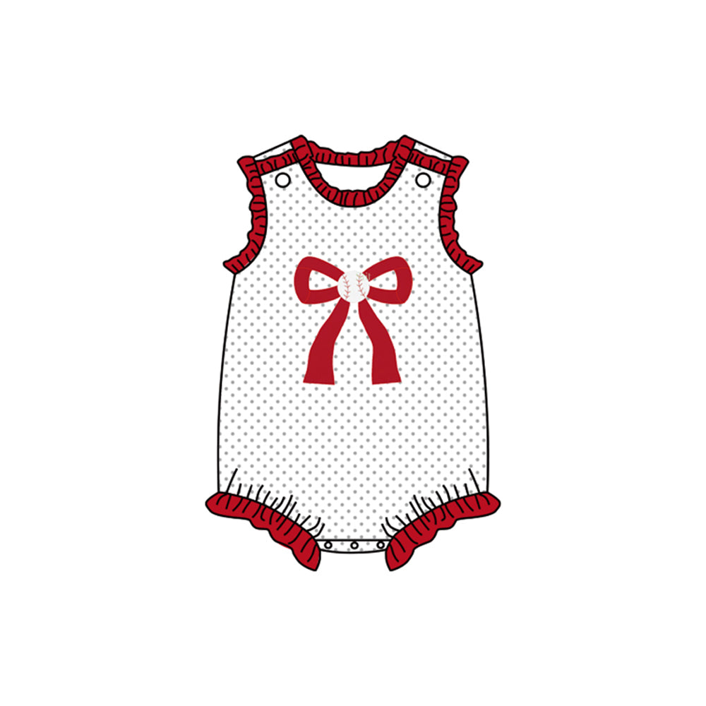 SR2376 Baseball Red Bow Polka Dot White Vest Bodysuit