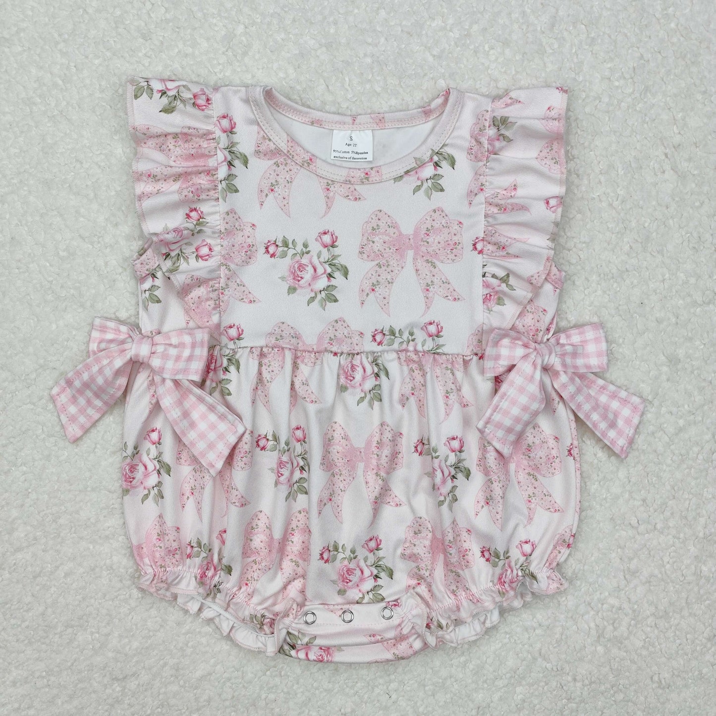 SR2379 Floral Flower Leaf Pink Plaid Bowknot Vest Bodysuit