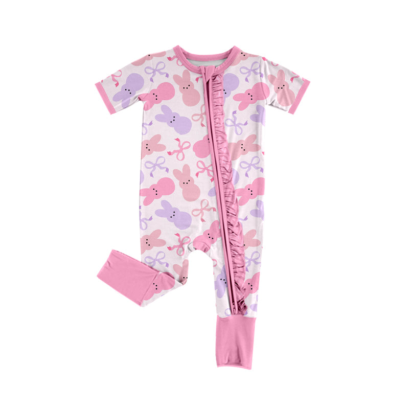 CUSTOM Easter Bunny Bow Pink Lace Zipper Short Sleeve Bodysuit D 5.20