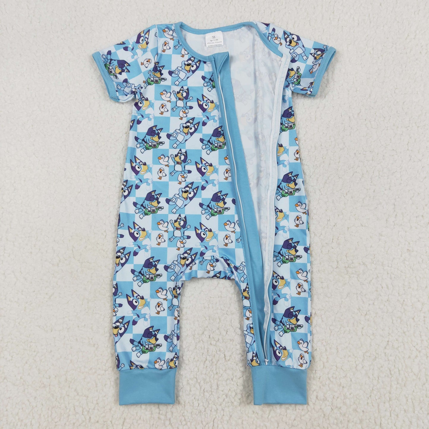 SR2454 Baby Infant Boys Blue Checkered Dogs Short Sleeve Zip Rompers