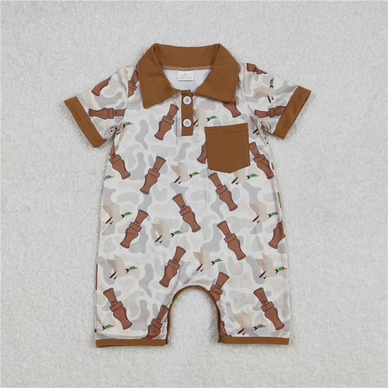 Match Brown Pocket Polo Top Duck Call Camo Shorts Boys Clothes Romper Set D 3.31