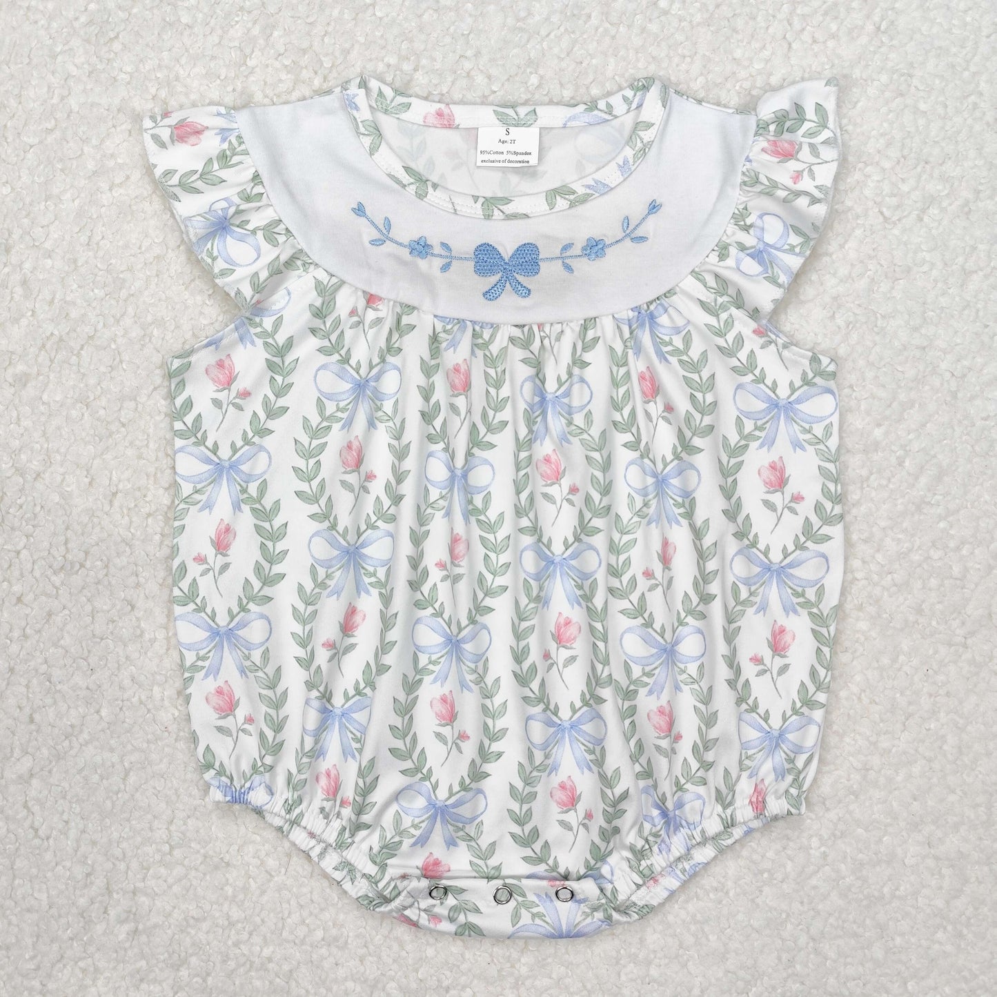 SR2543 Embroidered Butterfly Pattern Flower and Leaf Fly Sleeve Bodysuit D 3.6