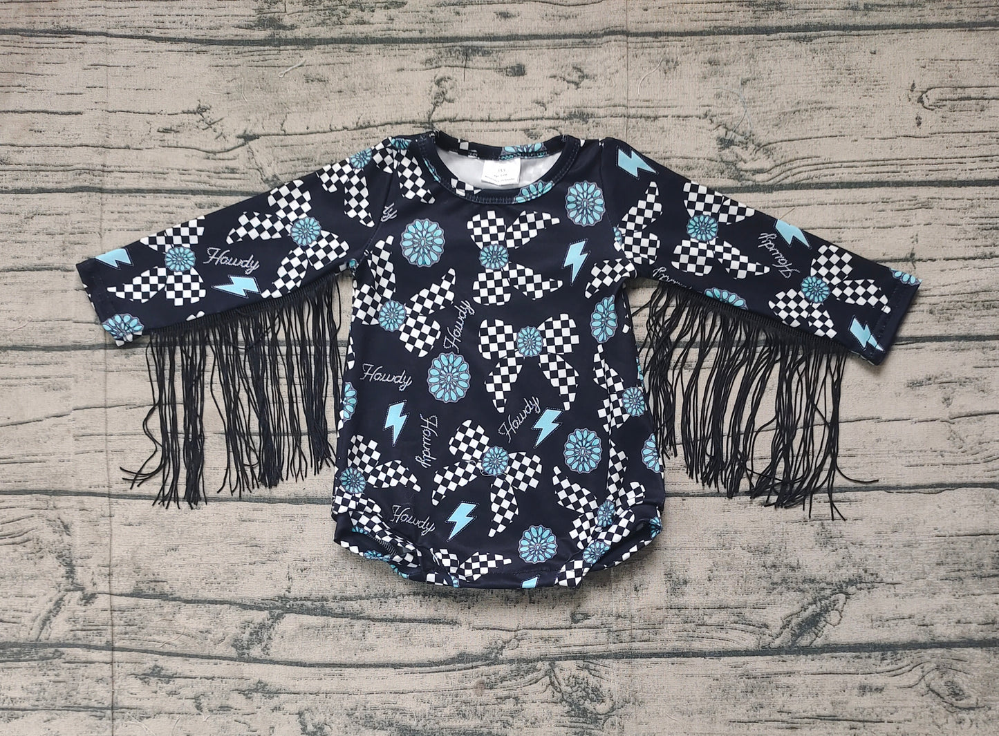 SR2552 Baby Infant Girls Tassels Turquoise Bows Western Rompers D 3.10