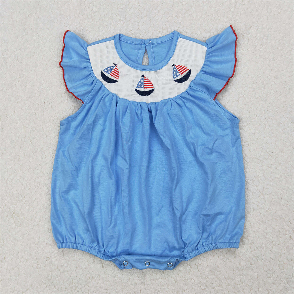 SR2573 Sailboat Flag Embroidery Blue Baby Girls 4th of July Smocked Bubble Romper D 3.31