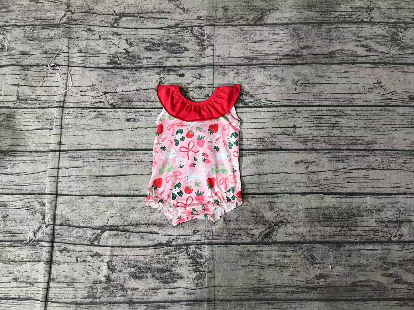 SR2582 Baby Infant Girls Strawberry Bows Sleeveless Rompers D 3.15