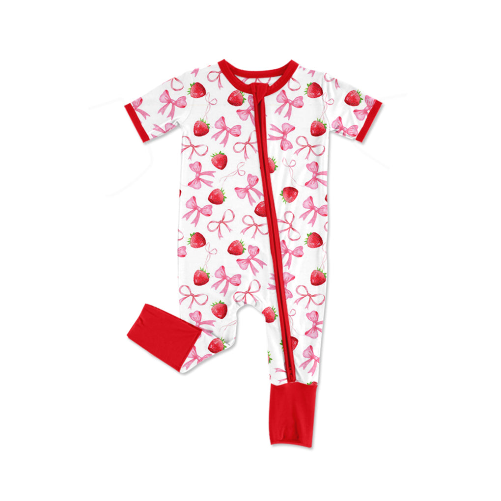 presale SR2595 Strawberry pink bow pattern red and white zip-up short-sleeved bodysuit 2025 1.3