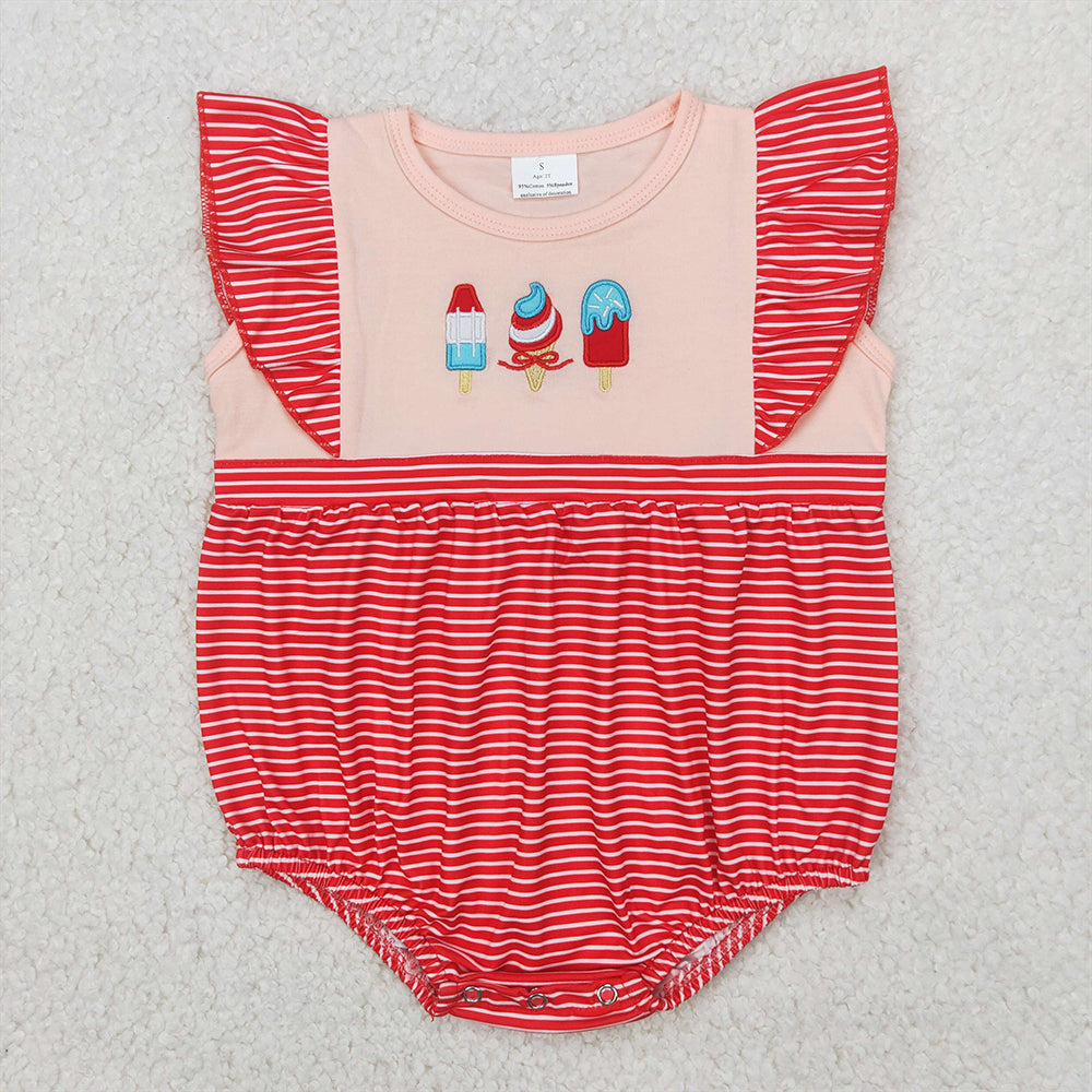 SR2635 Baby Infant Girls 4th Of July Embroidery Stripes Popsicle Romper