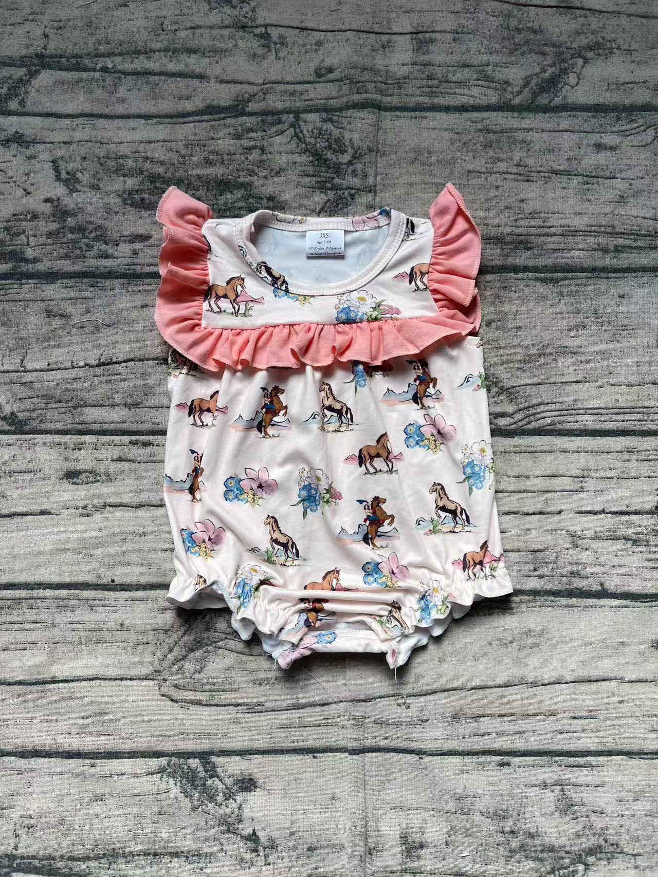 SR2690 Baby Infant Girls Western Horse Flowers Rompers