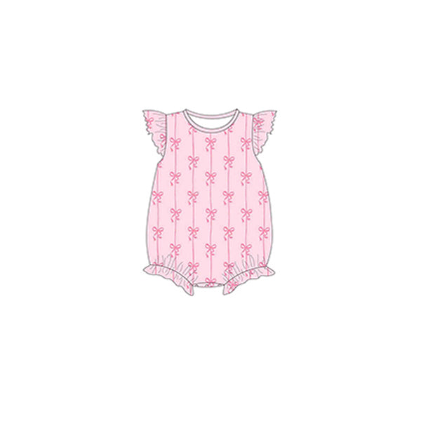 presale SR2756 Baby Infant Girls Pink Bows Stripes Flutter Sleeve Rompers D 2.13