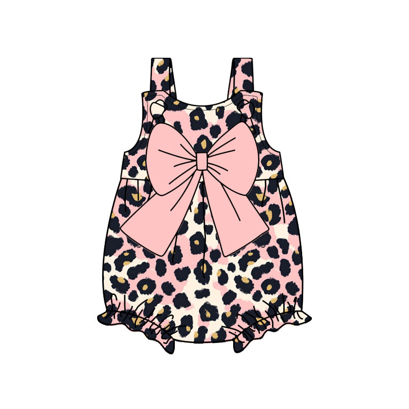 presale SR2757 Baby Infant Girls Pink Leopard Bow Straps Rompers D 2.13