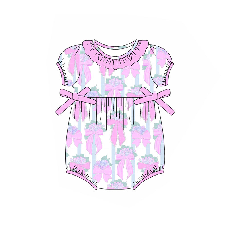 presale SR2759 Baby Infant Girls Pink Flowers Bows Short Sleeve Rompers D 2.13