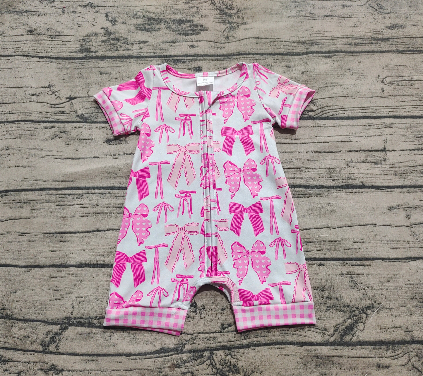 SR2771 Baby Infant Girls Pink Bows Zip Short Sleeve Rompers D 3.31
