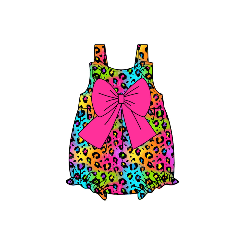 presale SR2775 Baby Infant Girls Pink Leopard Bow Straps Rompers D 2.14