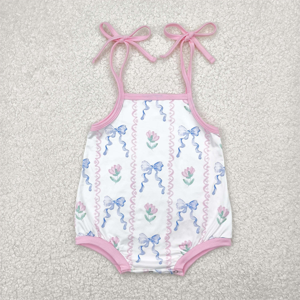 SR2858 Baby Infant Girls Blue Bows Flowers Straps Rompers D 4.21