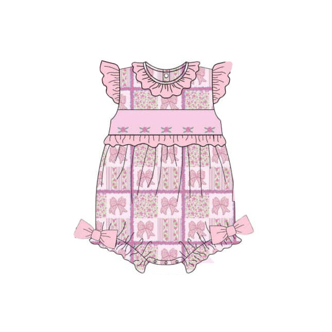 presale SR2882 Baby Infant Girls Pink Bows Flowers Flutter Sleeve Romper D 3.5