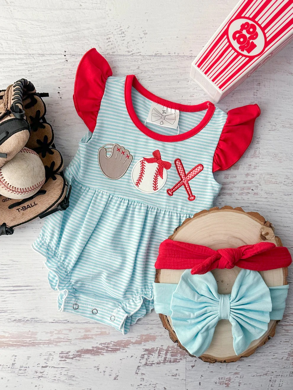 SR2892 Baby Infant Girls Baseball Flutter Sleeve Rompers D 1023