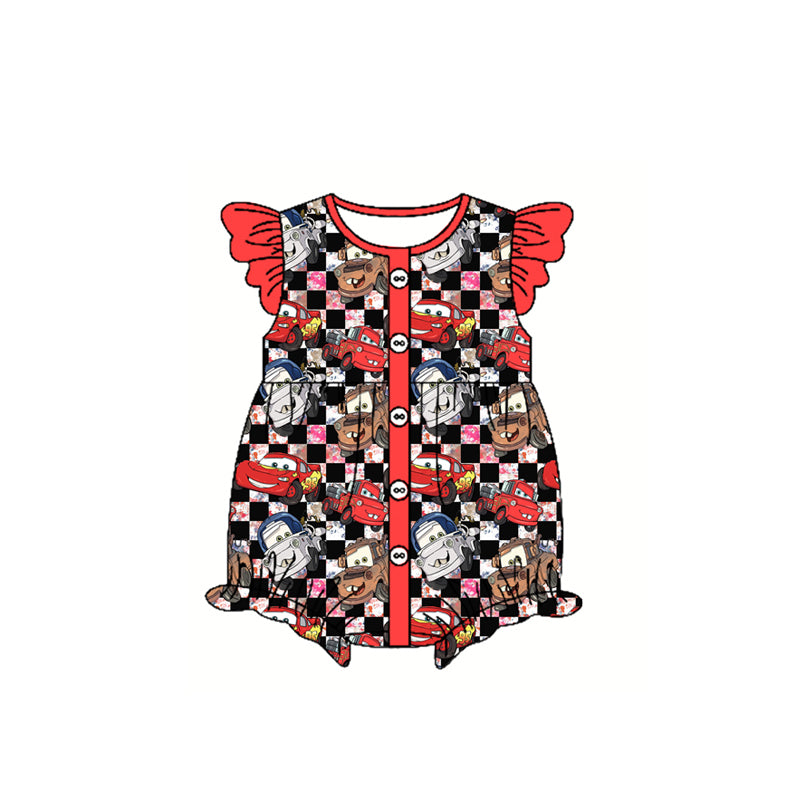 presale SR2898 Baby Infant Girls Peach Flutter Sleeves Button Black Plaid Cartoon Cars Ruffle Rompers D 3.4