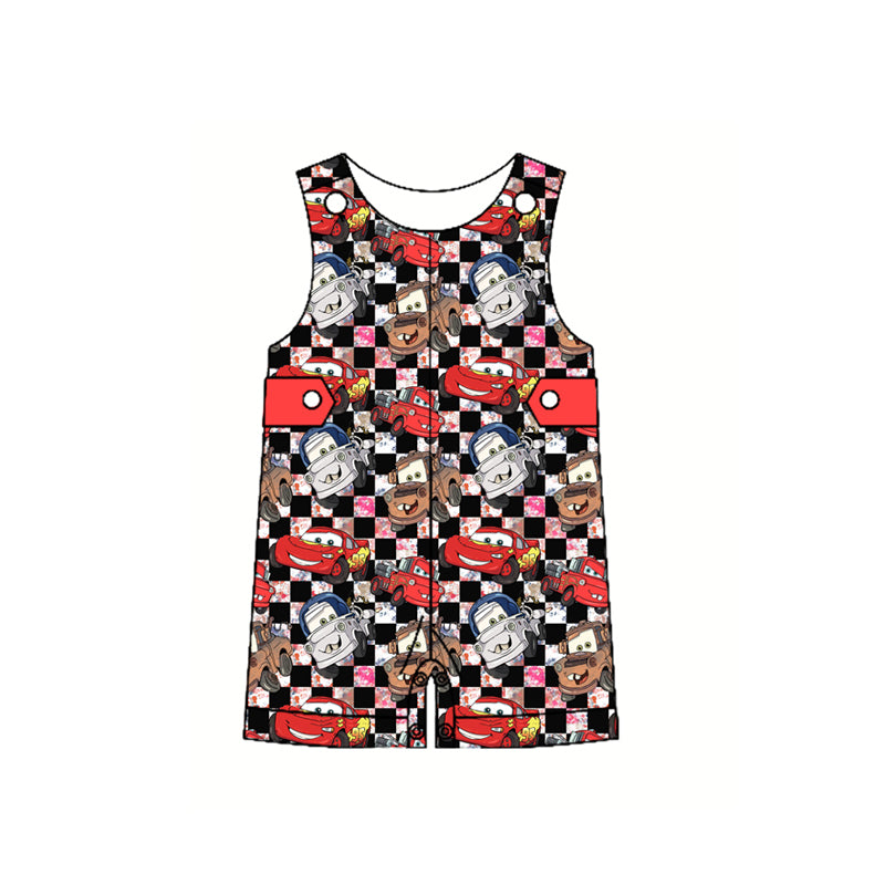 presale SR2899 Baby Infant Boys Sleeveless Button Black Plaid Cartoon Cars Rompers D 3.4