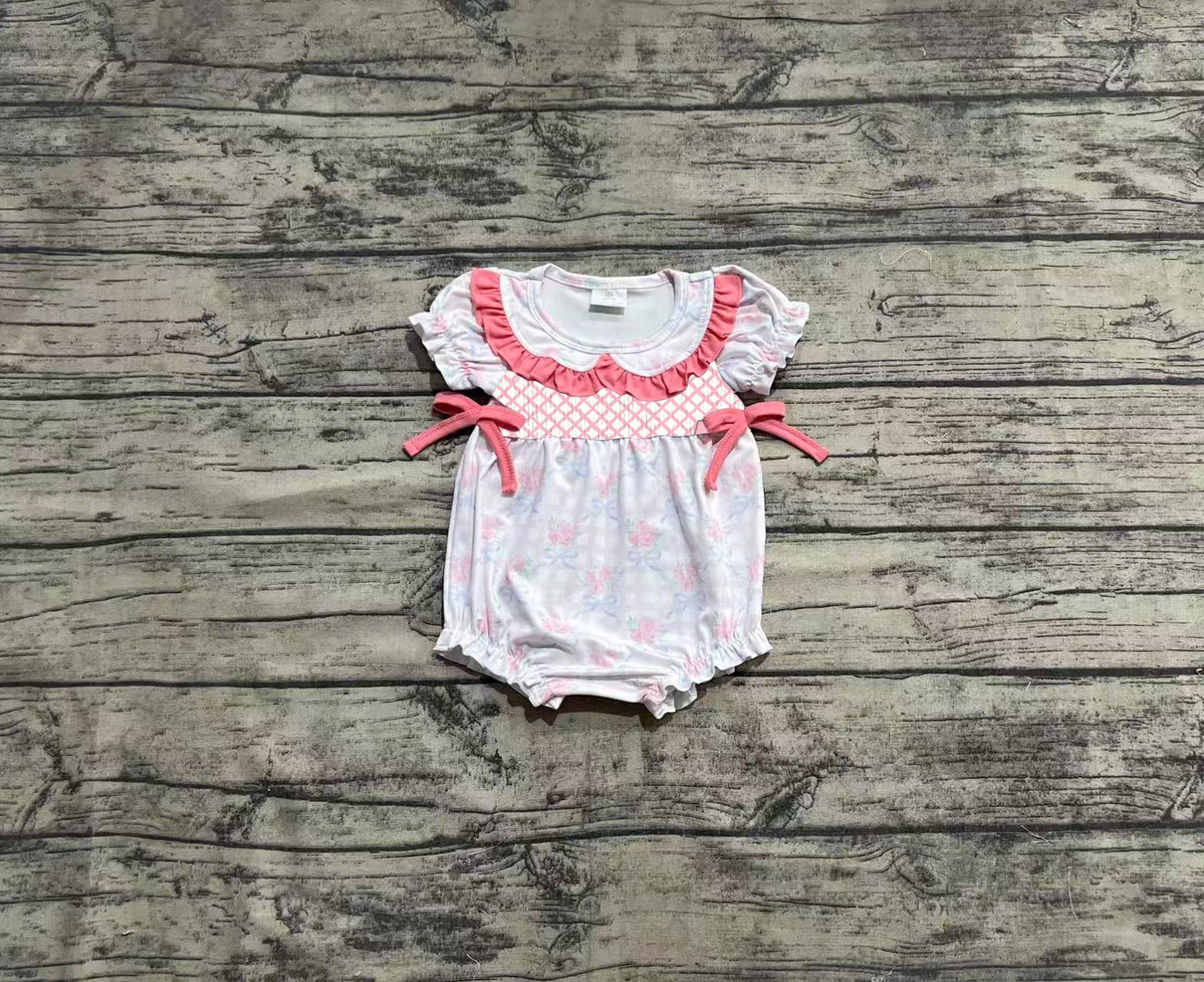 SR2917 Embroidery Baby Infant Girls Pink Short Ruffle Sleeves Floral Bows Top Rompers D 4.1