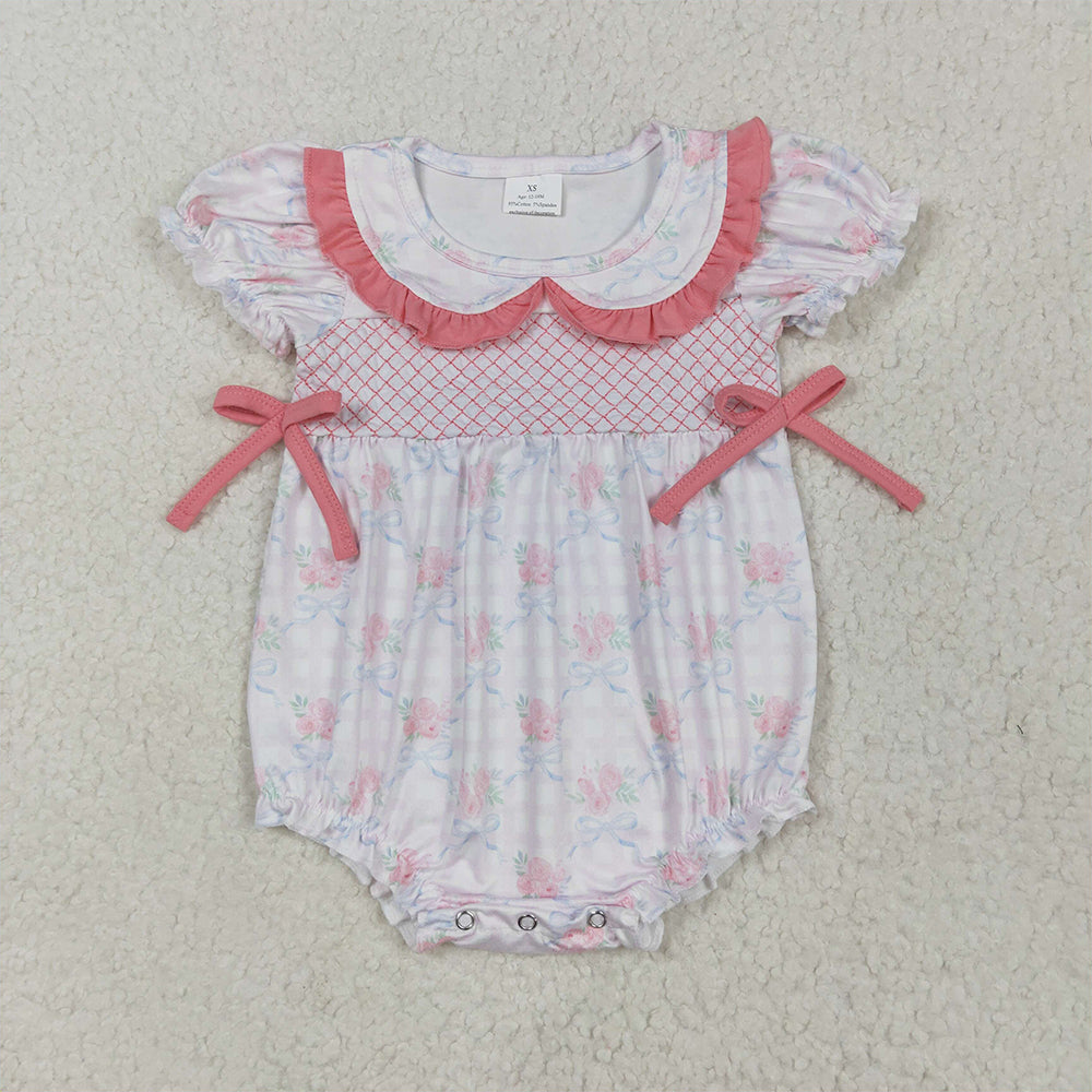 SR2917 Embroidery Baby Infant Girls Pink Short Ruffle Sleeves Floral Bows Top Rompers D 4.1