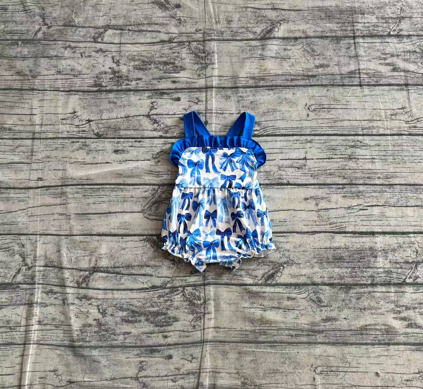 SR2919 Baby Infant Girls Blue Strap Bows Plaid Ruffle Rompers D 4.7