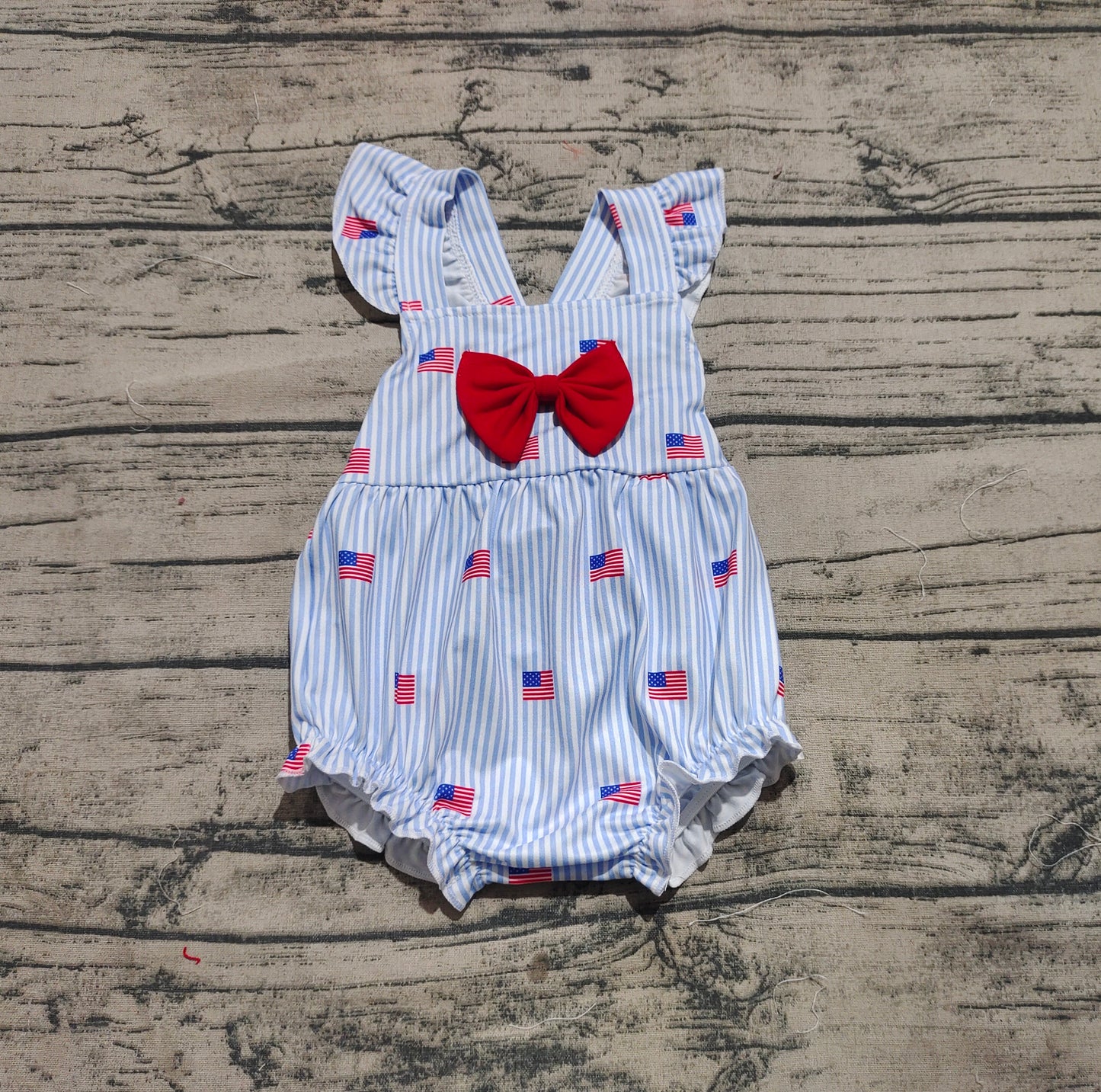 SR2921 Baby Infant Girls Blue Stripe Flutter Sleeves Flags Bow Top 4th Of July Rompers D 3.26