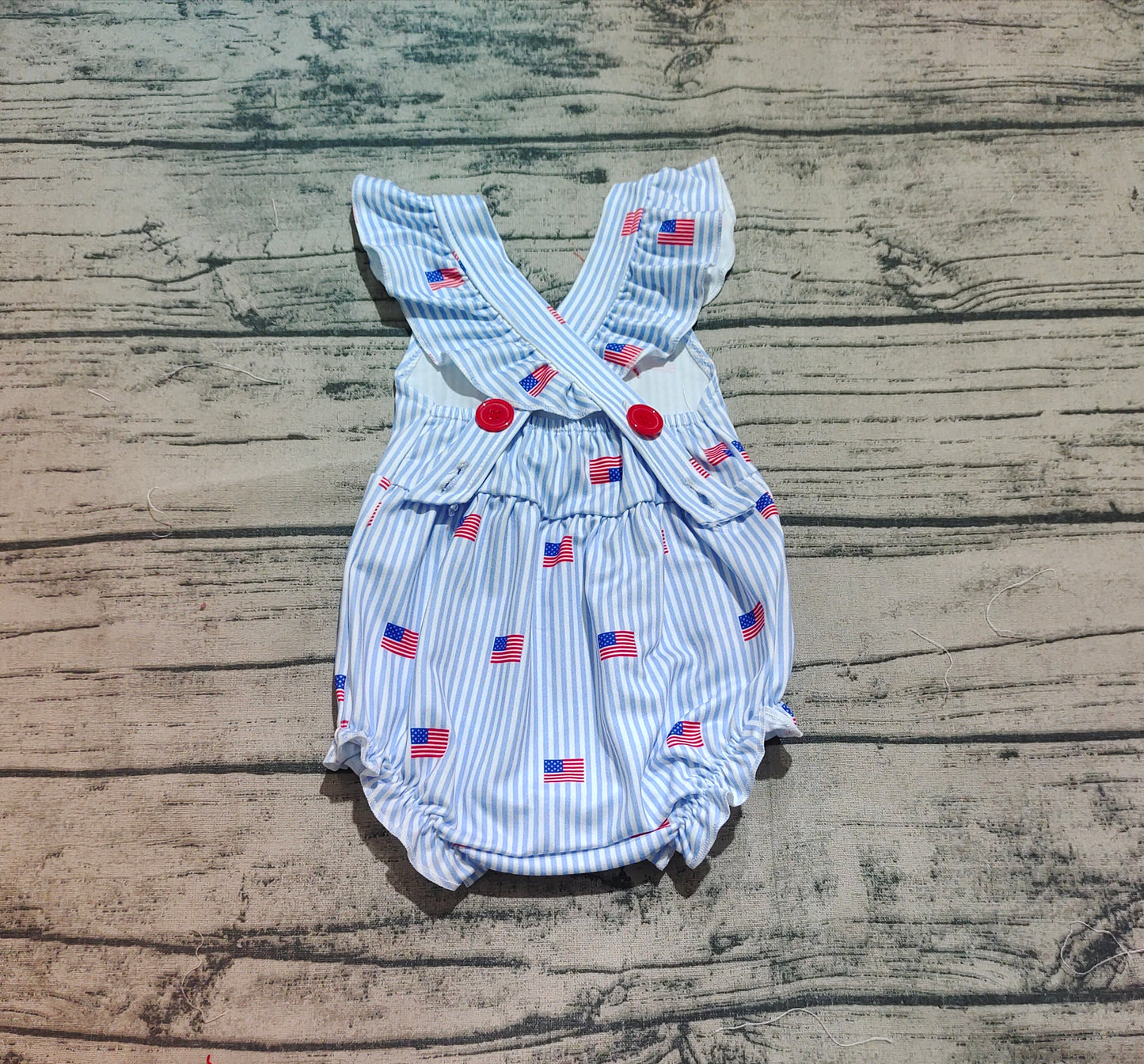SR2921 Baby Infant Girls Blue Stripe Flutter Sleeves Flags Bow Top 4th Of July Rompers D 3.26
