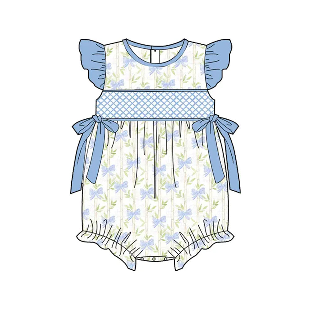 presale SR2924 Baby Infant Girls Blue Flutter Sleeves Bamboo Bows Top Ruffle Rompers D 3.13
