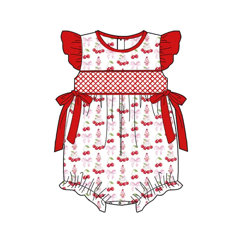 presale SR2925 Baby Infant Girls Red Flutter Sleeves Cherry Bows Top Ruffle Rompers D 3.13