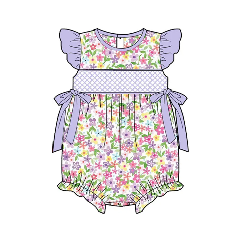presale SR2928 Baby Infant Girls Lavender Flutter Sleeves Floral Bows Top Ruffle Rompers D 3.13