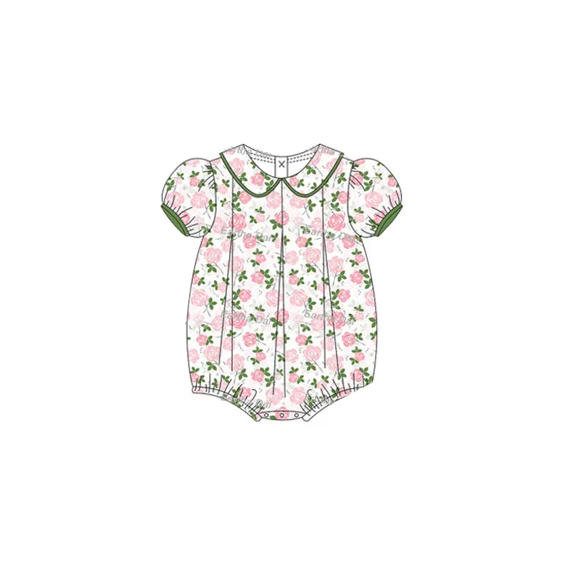 presale SR2930 Baby Infant Girls Short Ruffle Sleeves Pink Floral Ruffle Rompers D 3.13