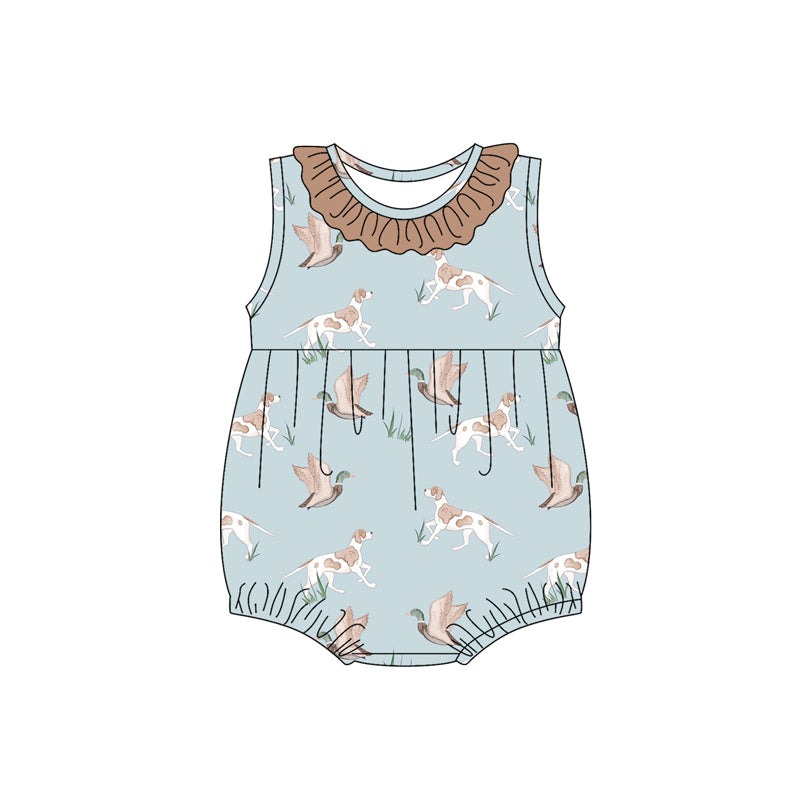 presale SR2935 Baby Infant Girls Blue Sleeveless Dogs Ducks Round Collar Ruffle Rompers D 3.13