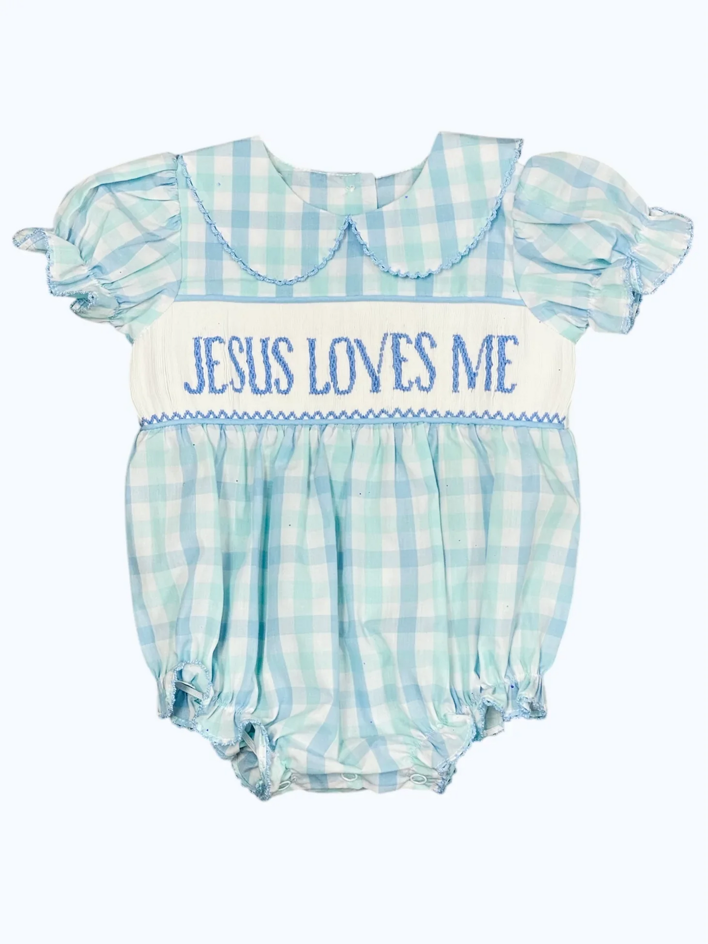 presale SR2942 Baby Infant Girls Short Ruffle Sleeves JESUS LOVES ME Blue Plaid Ruffle Rompers D 3.11
