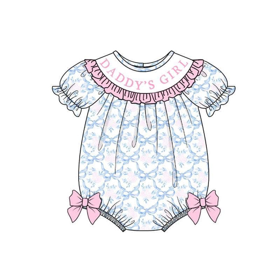 SR2944 Baby Infant Girls Short Ruffle Sleeves Blue Bows DADDY'S GIRL Ruffle Rompers D 4.1