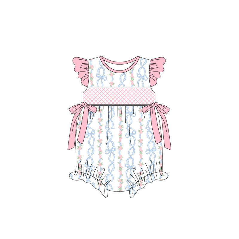 presale SR2952 Baby Infant Girls Pink Flutter Sleeves Bows Floral Ruffle Rompers D 3.11