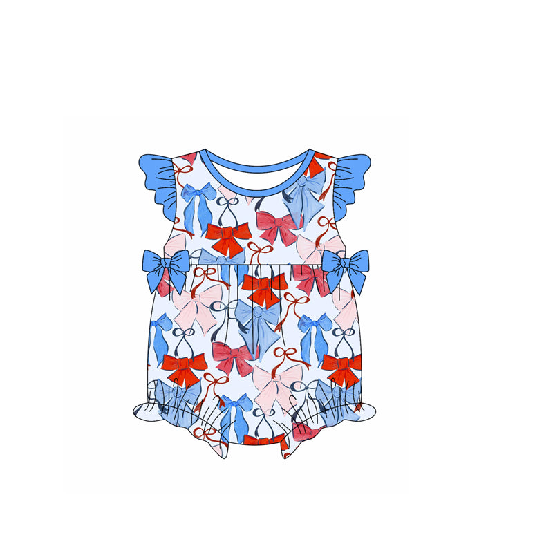 SR2954 Baby Infant Girls Flutter Sleeves Blue Hot Bows 4th Of July Ruffle Rompers D 3.31