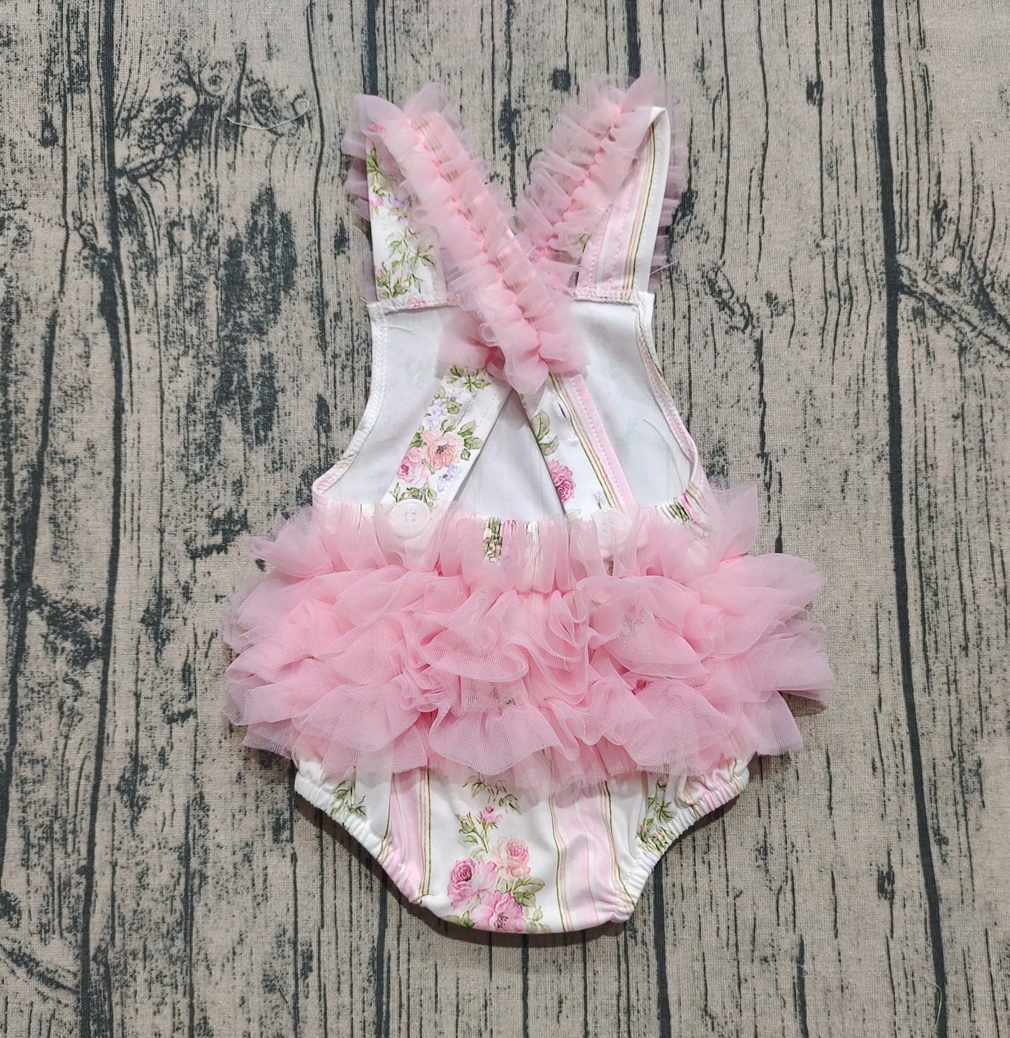 presale SR2964 Baby Infant Girls Pink Tulle Strap Floral Stripe Ruffle Rompers D 6.17
