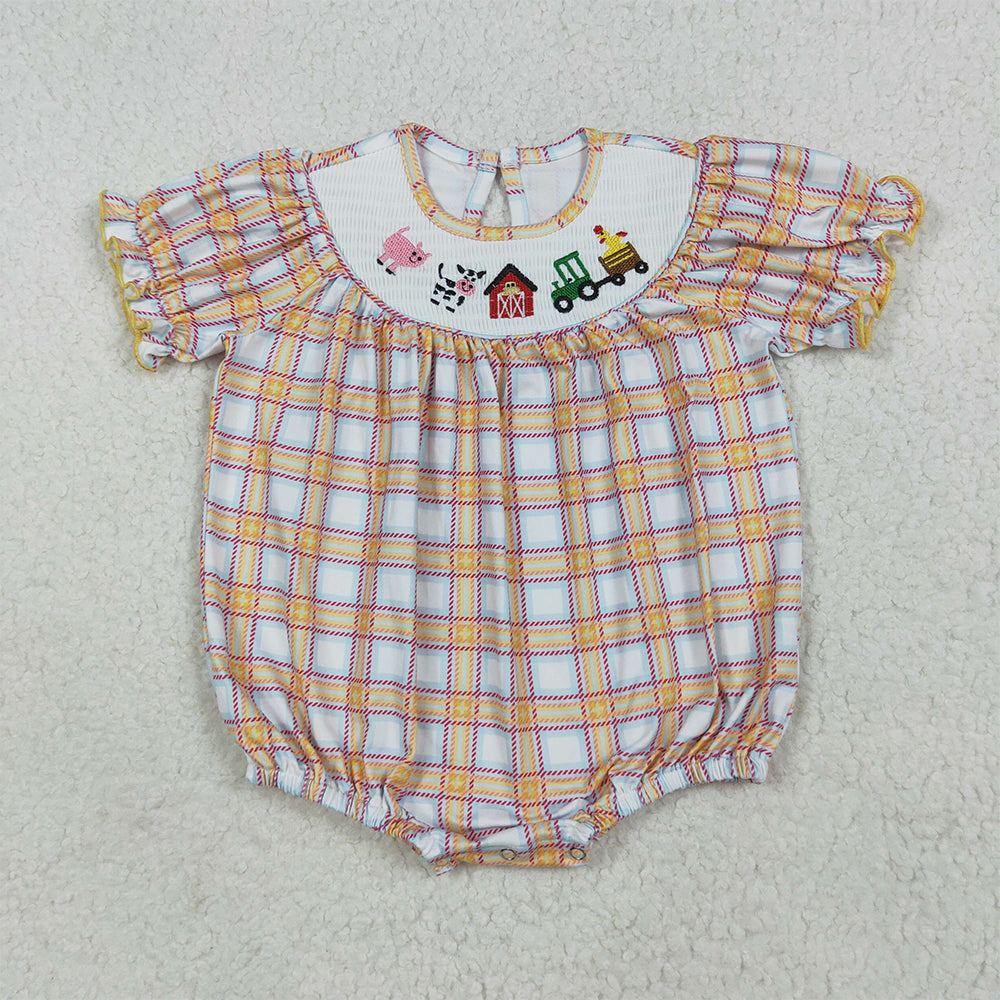 SR2982 Baby Infant Girls Orange Plaid Cows Farm Smocked Rompers D 7.11