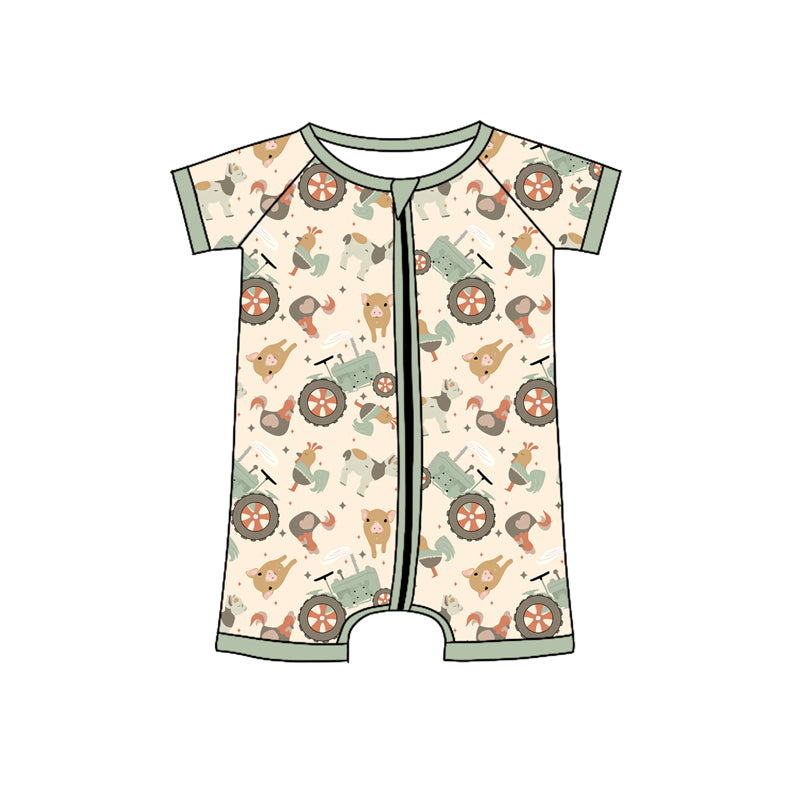 presale SR3019 Baby Infant Boys Short Sleeves Chicks Pigs Farm Zipper Rompers D 3.19