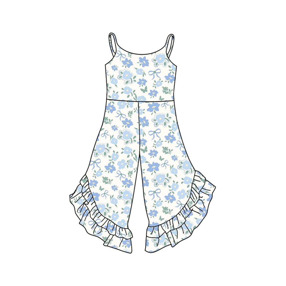 presale SR3036 Baby Girls Strap Blue Floral Ruffle Jumpsuits D 3.24