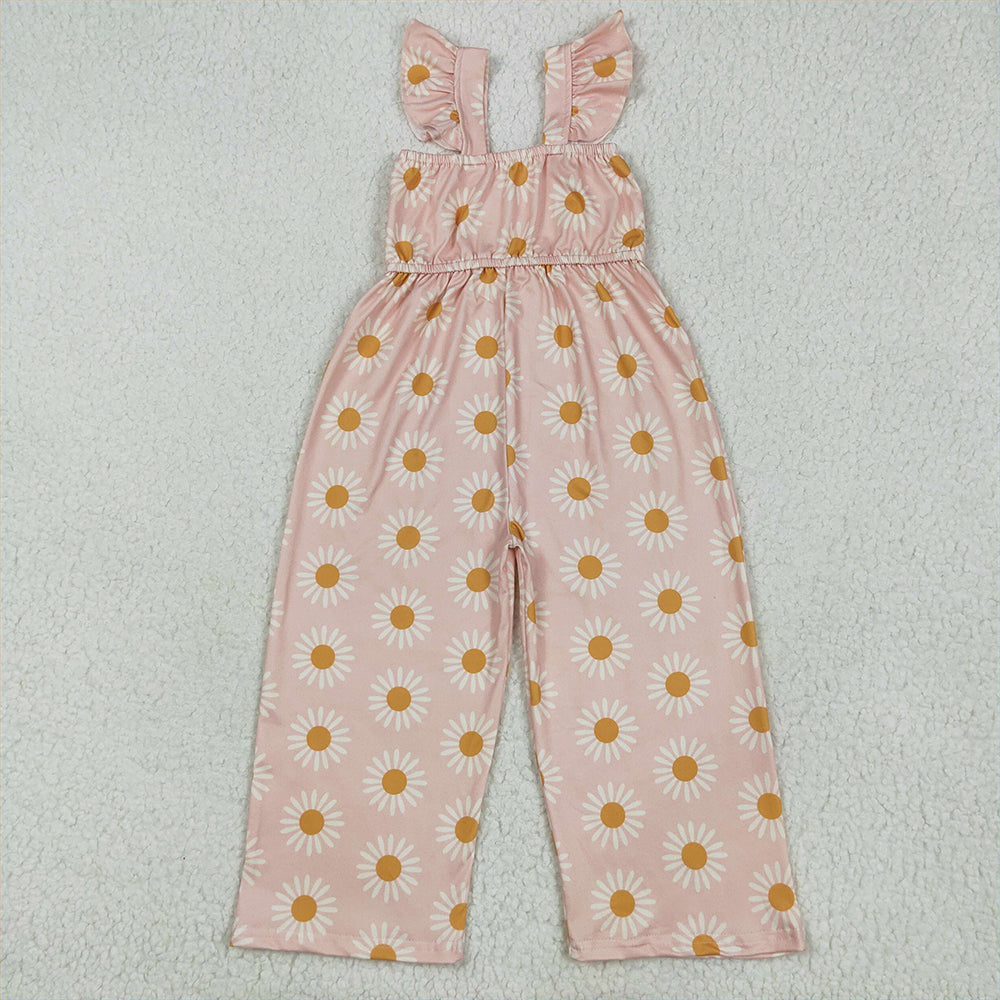 SR3052 Baby Girls Flutter Sleeves Peach Daisy Flowers Bell Jumpsuits D 4.25