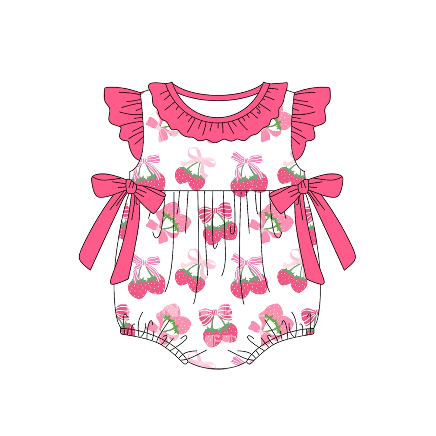 presale SR3059 Baby Girls Pink Flutter Sleeves Bows Strawberry Ruffle Rompers D 4.3