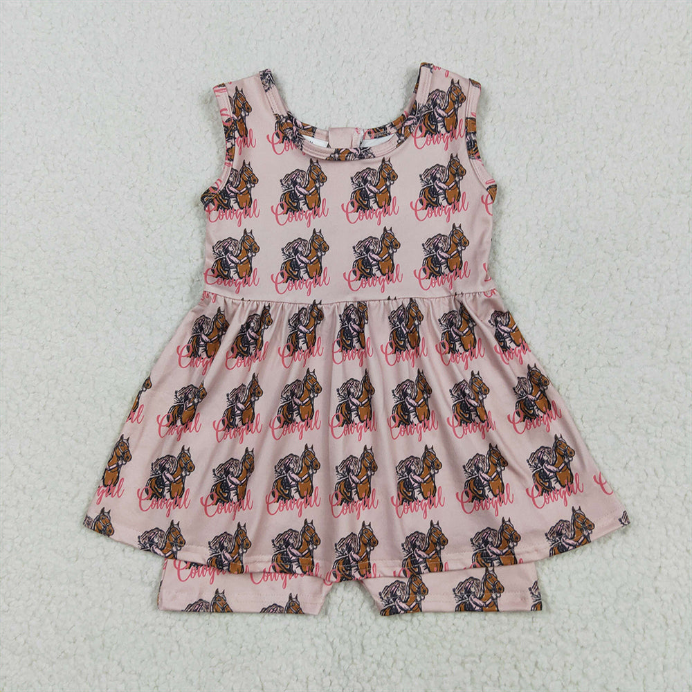 SR3072 Baby Girls Pink Sleeveless Horses Rodeos Cowgirl Skort Jumpsuits D 4.8