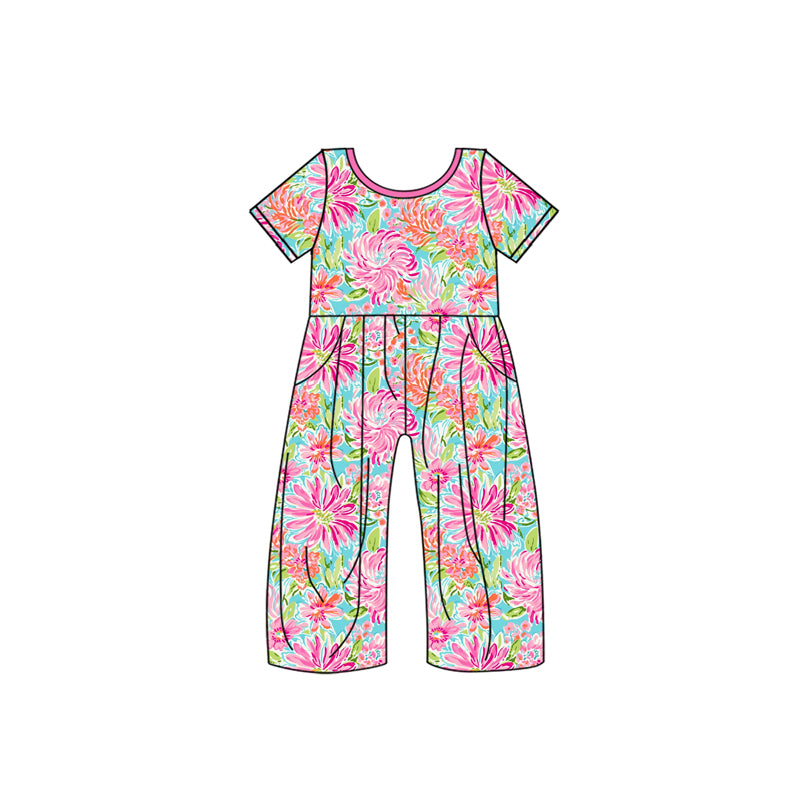 presale SR3088 Baby Girls Short Sleeves Hot Pink Watercolor Floral Pockets Jumpsuits D 4.21