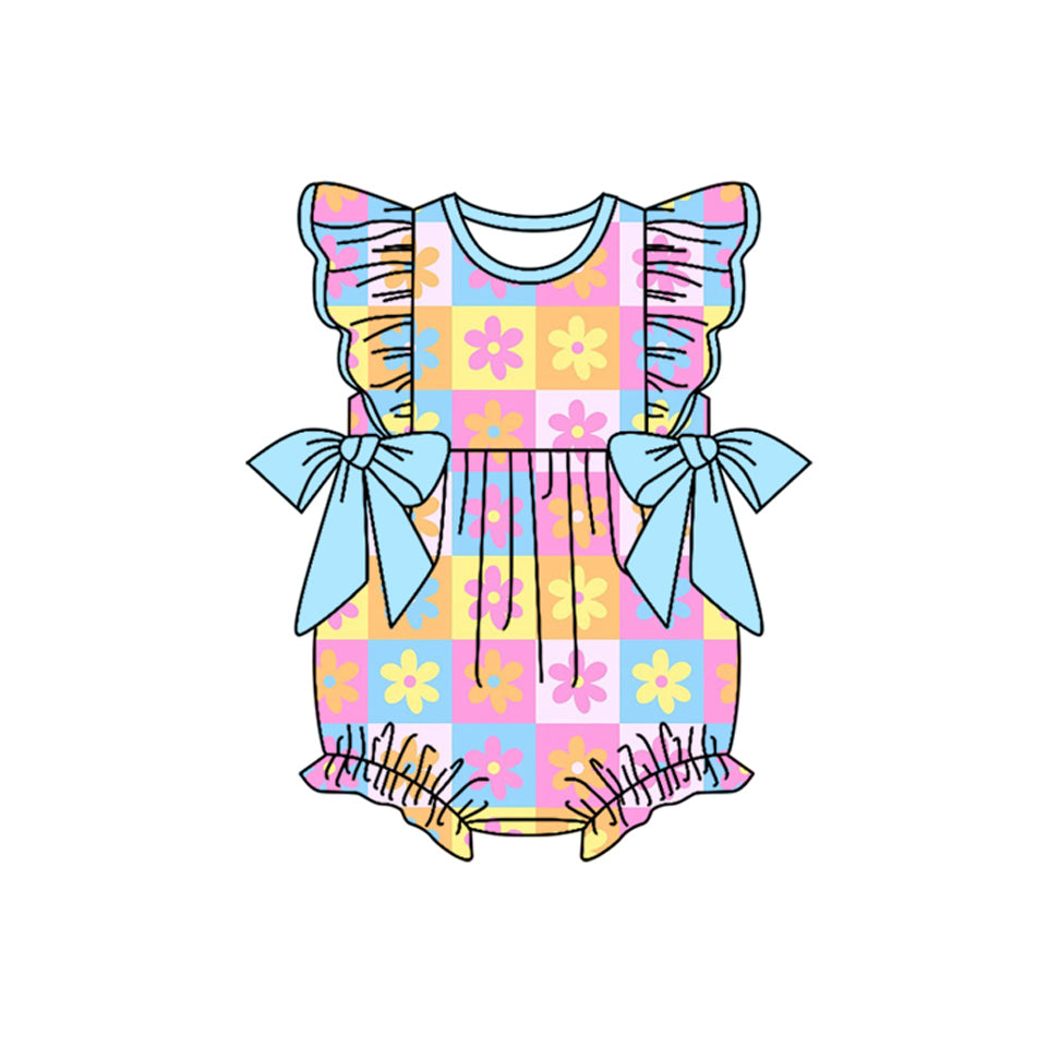 SR3090 Baby Girls Flutter Sleeves Bows Flowers Plaid Ruffle Rompers D 6.5