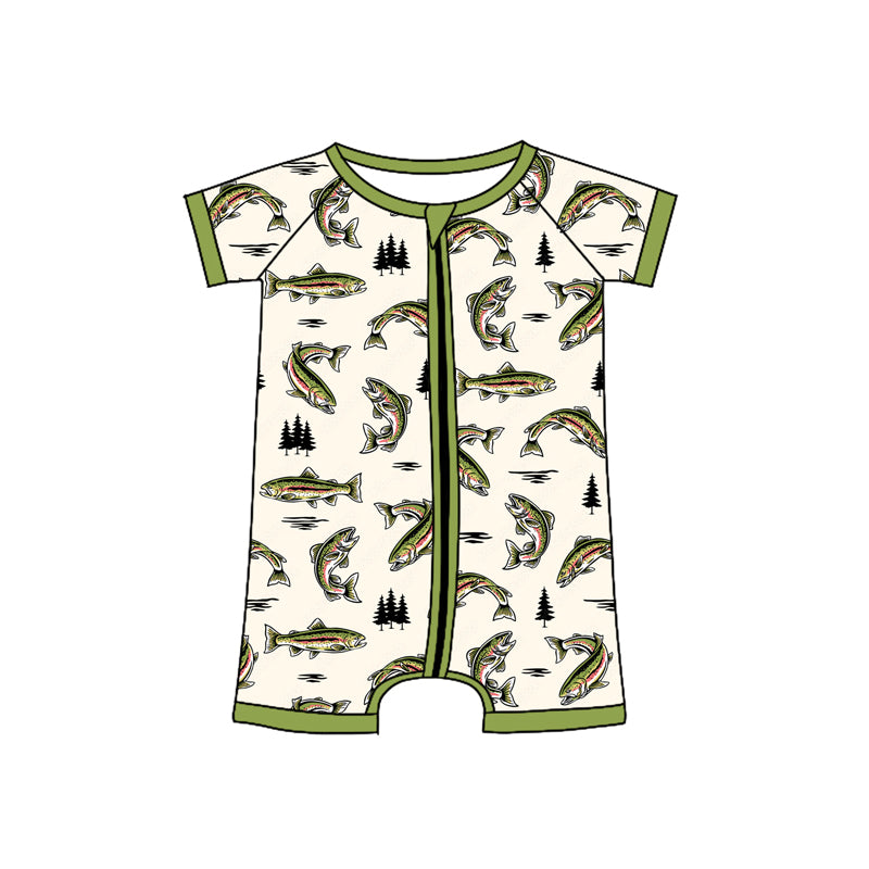 presale SR3095 Baby Infant Boys Green Short Sleeves Fishes Zipper Rompers D 4.25